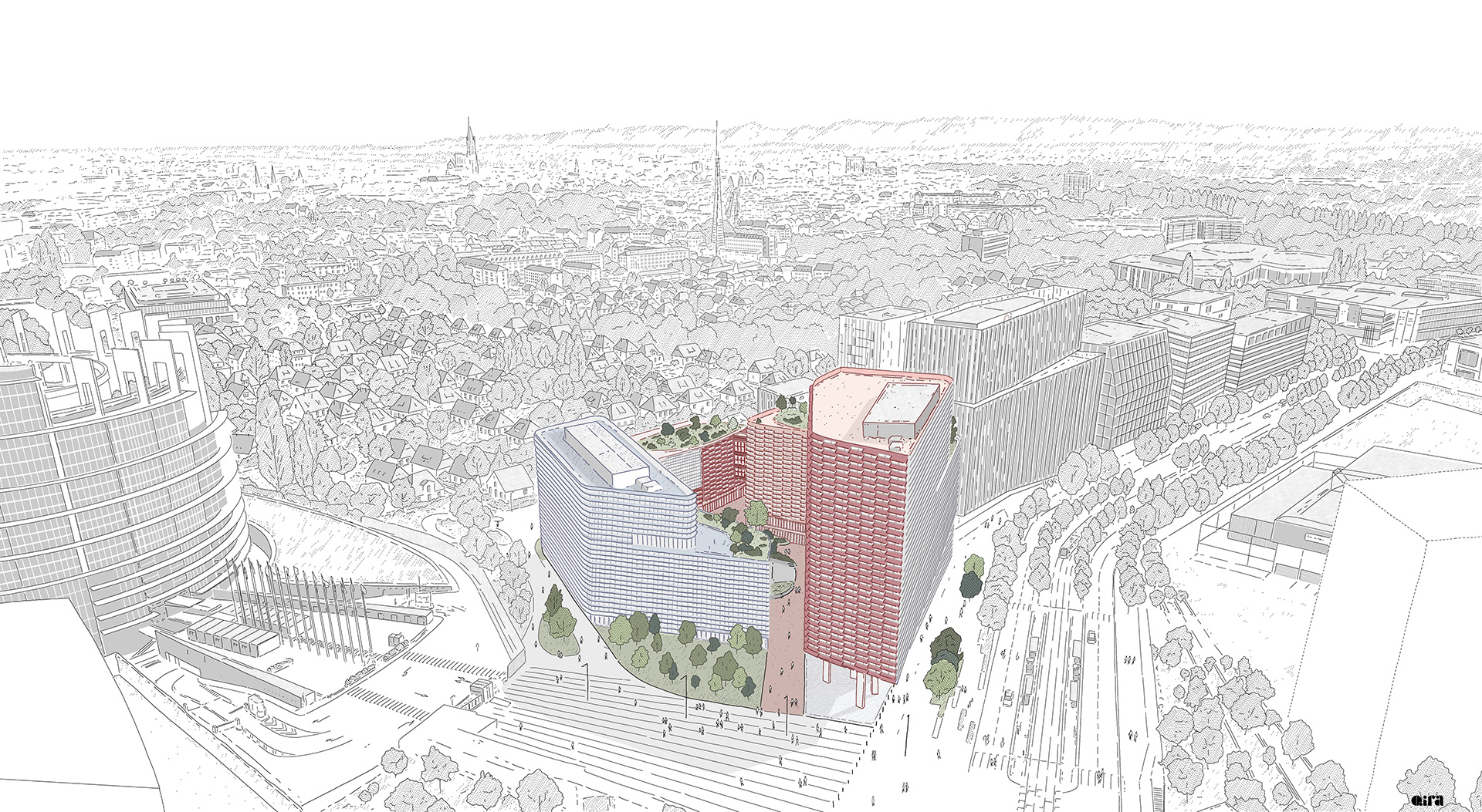 Illustration du nouveau quartier Archipel avec Osmose et la Parlement Européen au premier plan